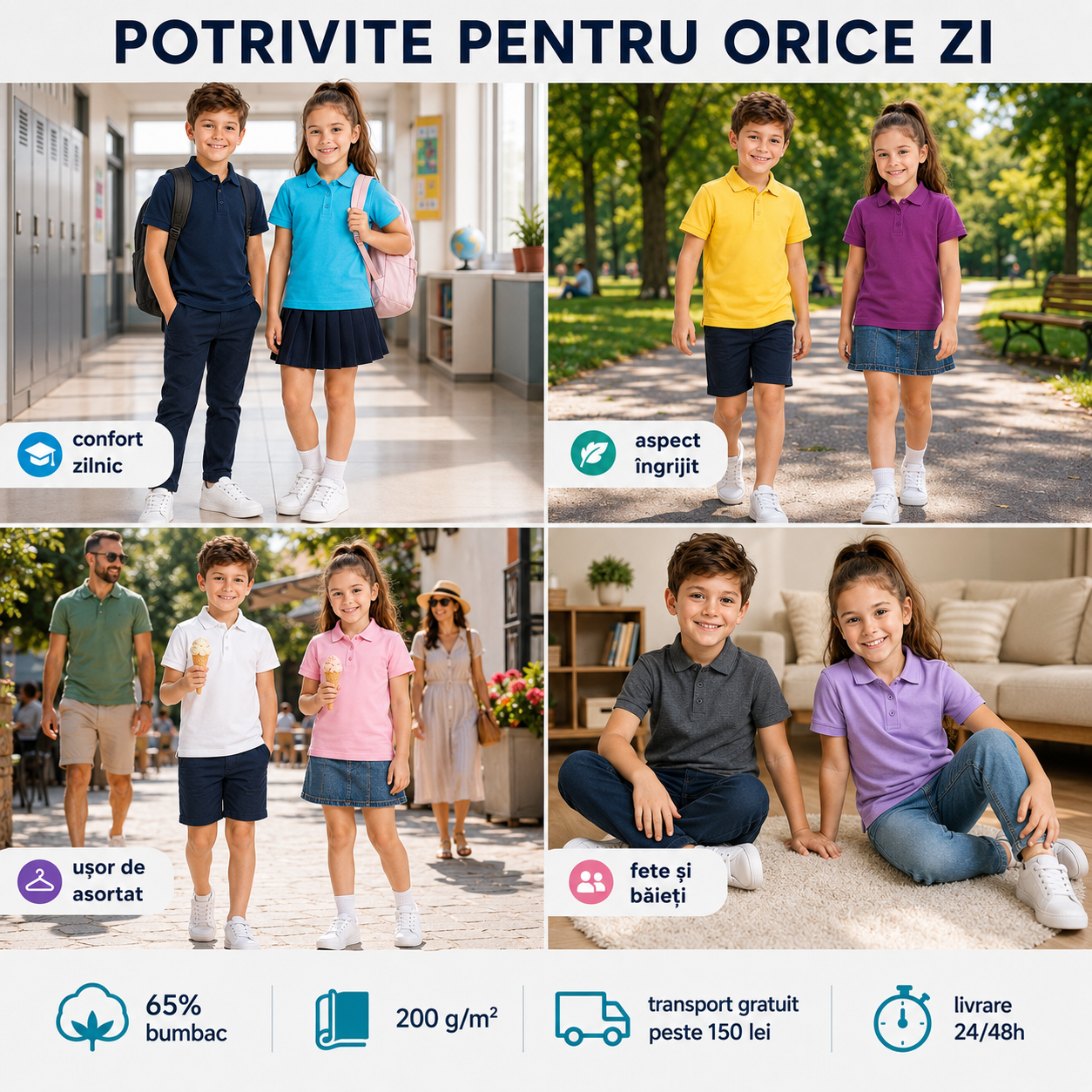 Tricouri Polo copii baieti si fete tabelul de marimi si dimensiuni
